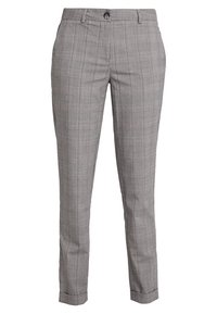 Šedé kostkované kalhoty slim fit s plochým předním dílem a zapínáním na knoflík. Materiál má strukturovanou texturu, která zvyšuje vizuální zájem.