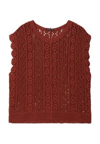 Maglione in colore ruggine lavorato a maglia, realizzato in pizzo aperto con bordi ondulati. Presenta un colletto rotondo e intricate decorazioni a motivo circolare.