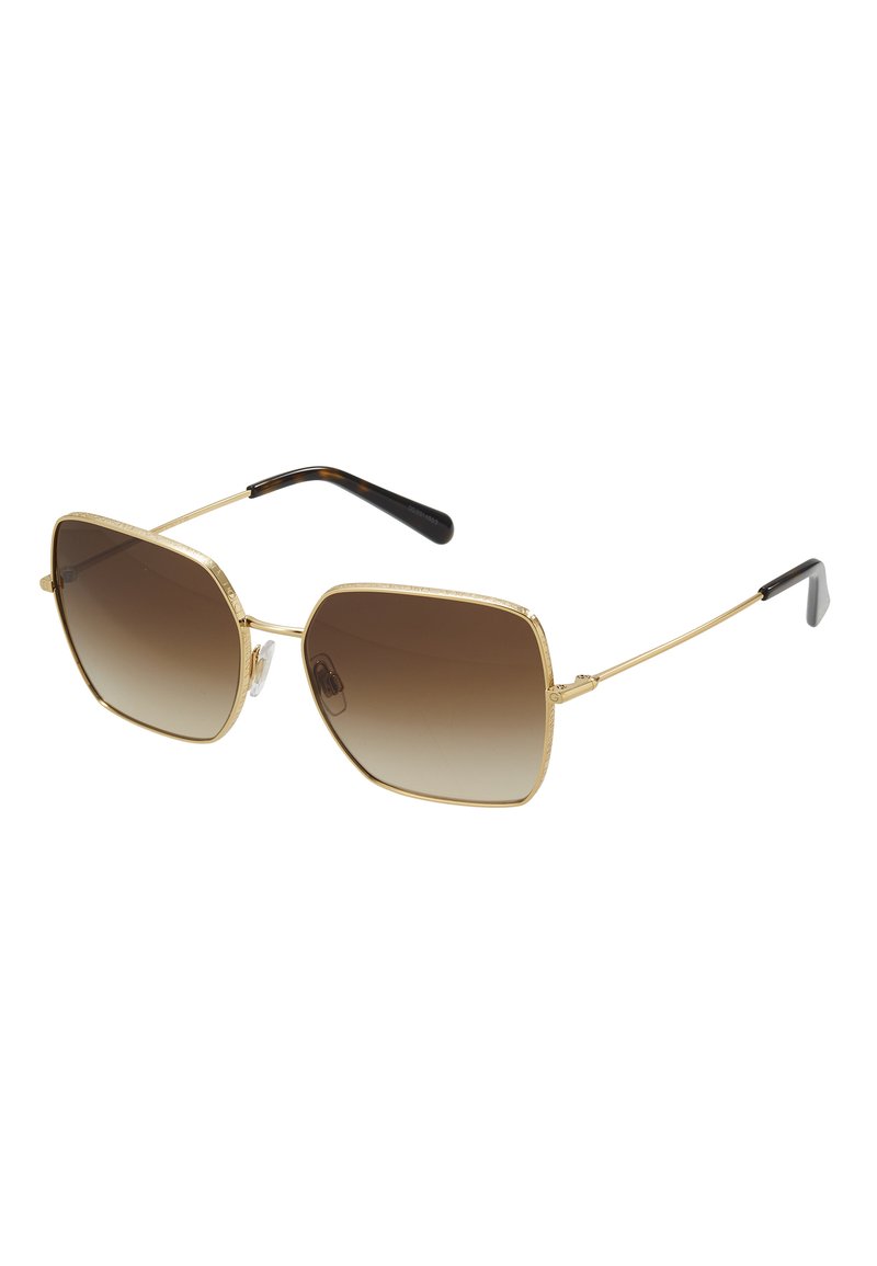 Goldene Metallsonnenbrille mit großen quadratischen Rahmen, gradienten braunen Gläsern und Schildpatt-Akzenten an den Bügeln. Verstellbare Nasenpads enthalten.