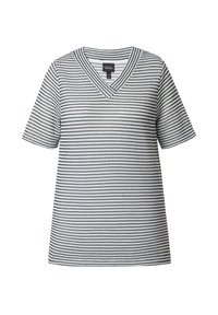 Krátký rukáv, top s V výstřihem v černobílém zigzagovém vzoru, vyrobený z texturované látky s volným střihem.