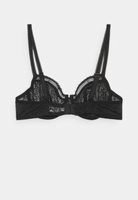 Zwarte kant bralette met twee verstelbare bandjes, bloemmotief, doorschijnende stof, voorgevormde cups en een haak-en-oogsluiting aan de achterkant.