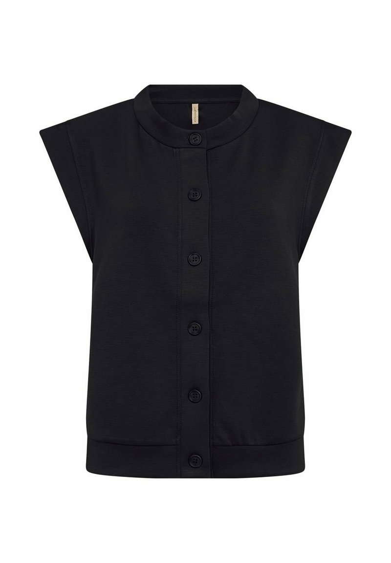 Zwarte mouwloze top met een hoge kraag en een sluiting met knopen aan de voorkant, gemaakt van zacht materiaal. Beschikt over een afgerond schouderontwerp en een relaxte pasvorm.