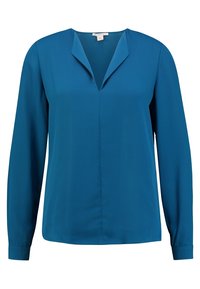 Bluzka w kolorze morskim z długim rękawem i dekoltem w kształcie litery V, wykonana z gładkiej tkaniny. Charakteryzuje się luźnym krojem i subtelnym przeszyciem z przodu.