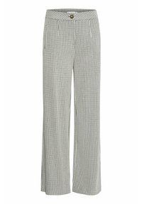 Kalhoty s širokým střihem v černobílém houndstooth vzoru, se zapínáním na knoflík, sklady a bočními kapsami. Vyrobeno z lehkého materiálu.