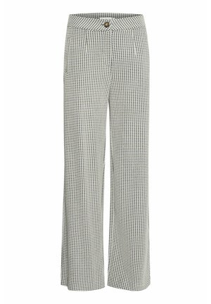 Kalhoty s širokým střihem v černobílém houndstooth vzoru, se zapínáním na knoflík, sklady a bočními kapsami. Vyrobeno z lehkého materiálu.