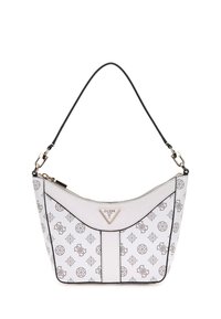 Sac à main en similicuir blanc avec une forme arrondie, quincaillerie dorée et accents de logo et de motif répétés. Il dispose d'une fermeture éclair et d'une bandoulière.