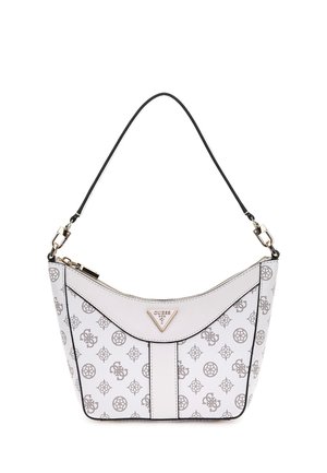 Sac à main en similicuir blanc avec une forme arrondie, quincaillerie dorée et accents de logo et de motif répétés. Il dispose d'une fermeture éclair et d'une bandoulière.