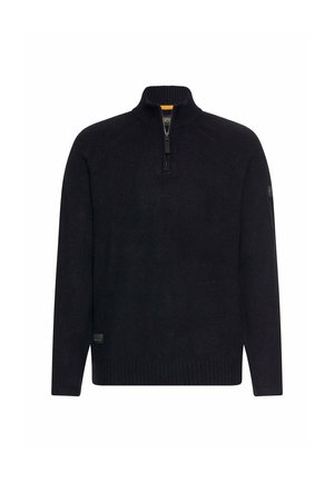 Sort langærmet pullover med kvart lynlås, ribbet manchetter og kant samt høj krave.