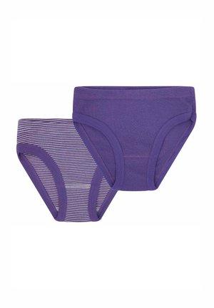 Zwei Paare lila Unterwäsche: eines einfarbig, das andere mit weißen Streifen. Weiches Baumwollmaterial, klassisches Slips-Design und elastische Taillenbündchen.