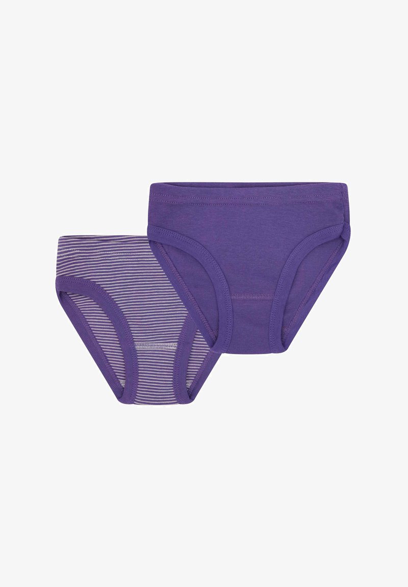 Zwei Paare lila Unterwäsche: eines einfarbig, das andere mit weißen Streifen. Weiches Baumwollmaterial, klassisches Slips-Design und elastische Taillenbündchen.