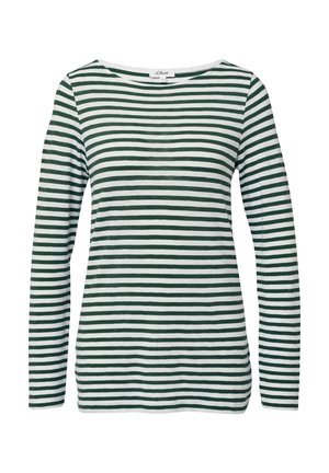 T-shirt à rayures à manches longues en vert et blanc. Présente un décolleté large en forme de U et un tissu en coton doux. Coupe droite avec un ourlet cousu.