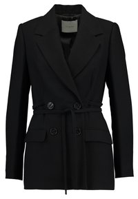 Blazer negro con un diseño entallado, botones de doble botonadura, un cinturón en la cintura y dos bolsillos frontales. Tejido texturizado, sin forro.