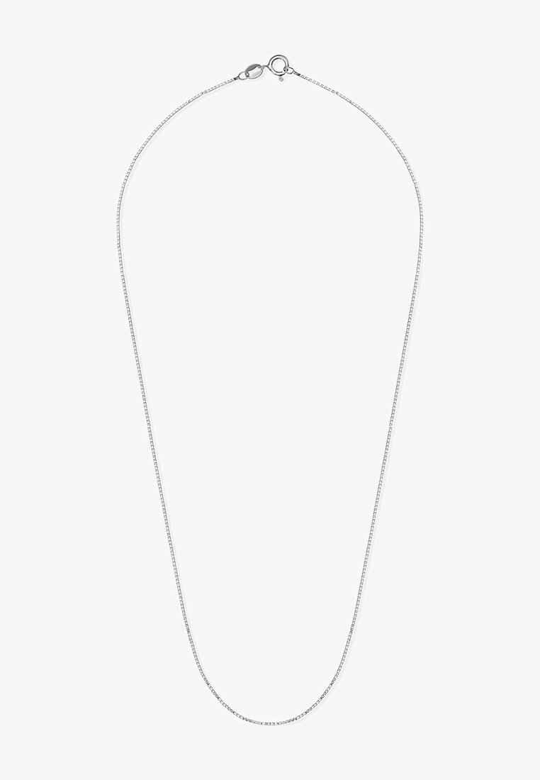 Silberfarbene Metallkette mit einem schlanken, glatten Kettendesign. Verfügt über einen sicheren Karabiner-Verschluss und einen zarten, minimalistischen Look.