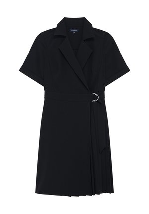 Schwarzes Wickelkleid mit Kragen, kurzen Ärmeln und einem plissierten Rock. Verfügt über eine taillierte Taille mit einer runden silbernen Schnalle. Hergestellt aus glattem Stoff.