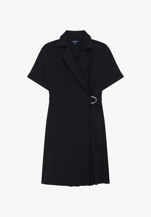 Schwarzes Wickelkleid mit Kragen, kurzen Ärmeln und einem plissierten Rock. Verfügt über eine taillierte Taille mit einer runden silbernen Schnalle. Hergestellt aus glattem Stoff.