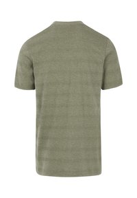 Olijf groene t-shirt met korte mouwen en een ronde hals, voorzien van een gestructureerd patroon. Gemaakt van zachte, ademende stof. Eenvoudig, casual ontwerp.