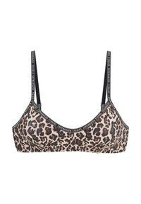 Bralet s leopardím vzorom a čiernymi logovými popruhmi. Vyrobený z hladkého materiálu, má nízky výstrih a bezšvový dizajn. Farebná paleta: béžová a čierna.
