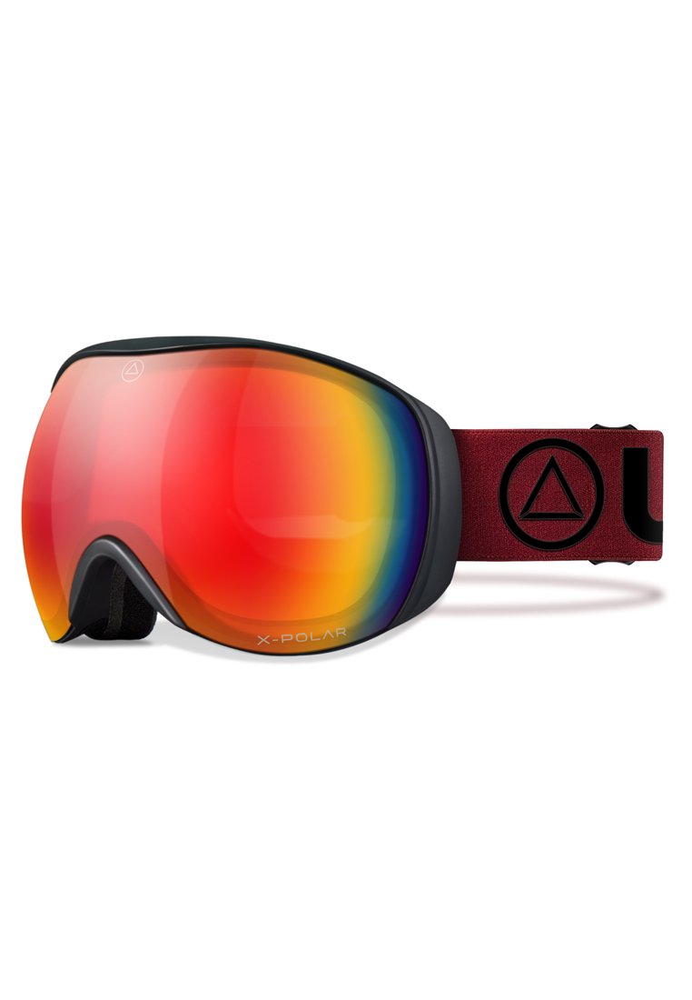 Skibrille mit schwarzem Rahmen, rot verspiegelt mit Farbverlauf, und verstellbarem roten elastischen Band mit einem Logo an der Seite.