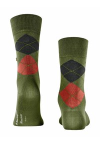 Zielone bawełniane skarpetki z diamentowym wzorem w kolorze czarnym, czerwonym i ciemnozielonym. Żebrowane mankiety i logo nadrukowane na podeszwie.