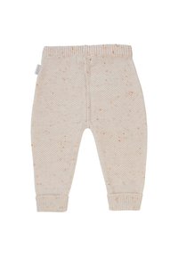 Strik beige bukser til småbørn med et struktureret mønster og subtile orange prikker. Elastisk talje og ribbede mansjetter ved anklerne.