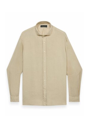 Beige overhemd met lange mouwen, knoopsluiting, een standaardkraag, knoopmanchetten en een label binnenin de halslijn.