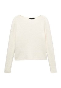 Biała długoramienna sweter z szerokim dekoltem, wykonany z teksturowanej dzianiny. Skrócony fason z prostym krojem w talii.