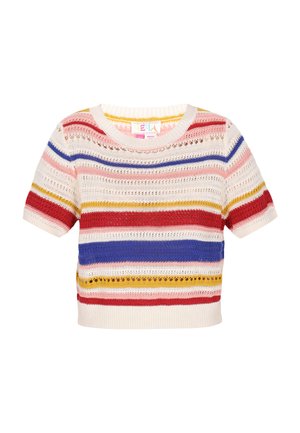 Nertinis megztinis su trumpomis rankovėmis, puoštais daugiaspalvėmis juostomis raudonos, mėlynos, geltonos ir rožinės spalvų. Apvalus kaklas ir sutrumpintas dizainas, puoštas akyčių detalėmis.