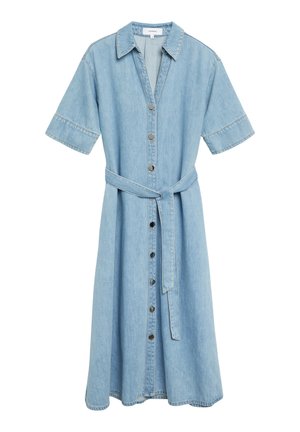 Light blue denim midi dress with short sleeves, button-down front, collar, and matching fabric belt tied at the waist.