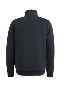 Felpa di un blu navy scuro con colletto alto, polsini e orlo a costine. Texture liscia con linee pulite e senza motivi o dettagli visibili.