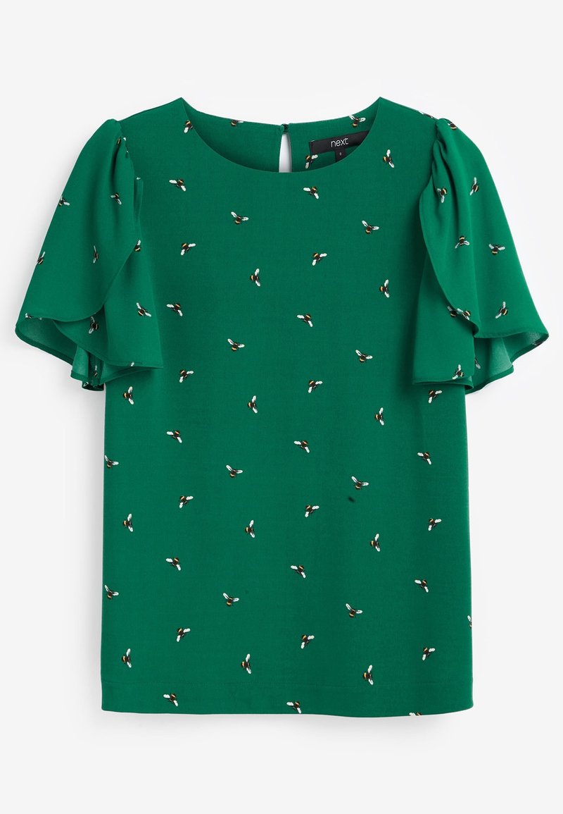 Blouse verte à manches courtes volantées avec de petites imprimés d'abeilles éparpillées, dotée d'un col rond et d'une fermeture par boutons dans le dos.