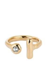 Bague ajustable en ton doré avec une surface polie et un accent en pierre précieuse claire. Conception ouverte unique avec des formes distinctes.