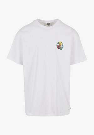 Balta medvilninė marškinėlių su apvali iškirpte, turinti spalvingą grafikos aplikaciją su saule ir debesimis kairiajame krūtinės plote.