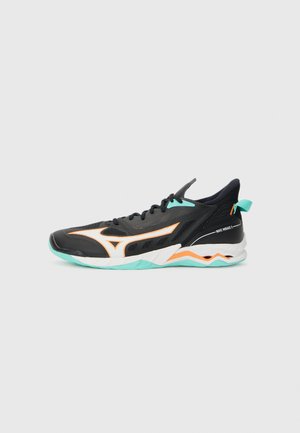 Black athletic shoes with orange and turquoise accents, mesh upper, cushioned sole, and a sleek design for improved performance and support.