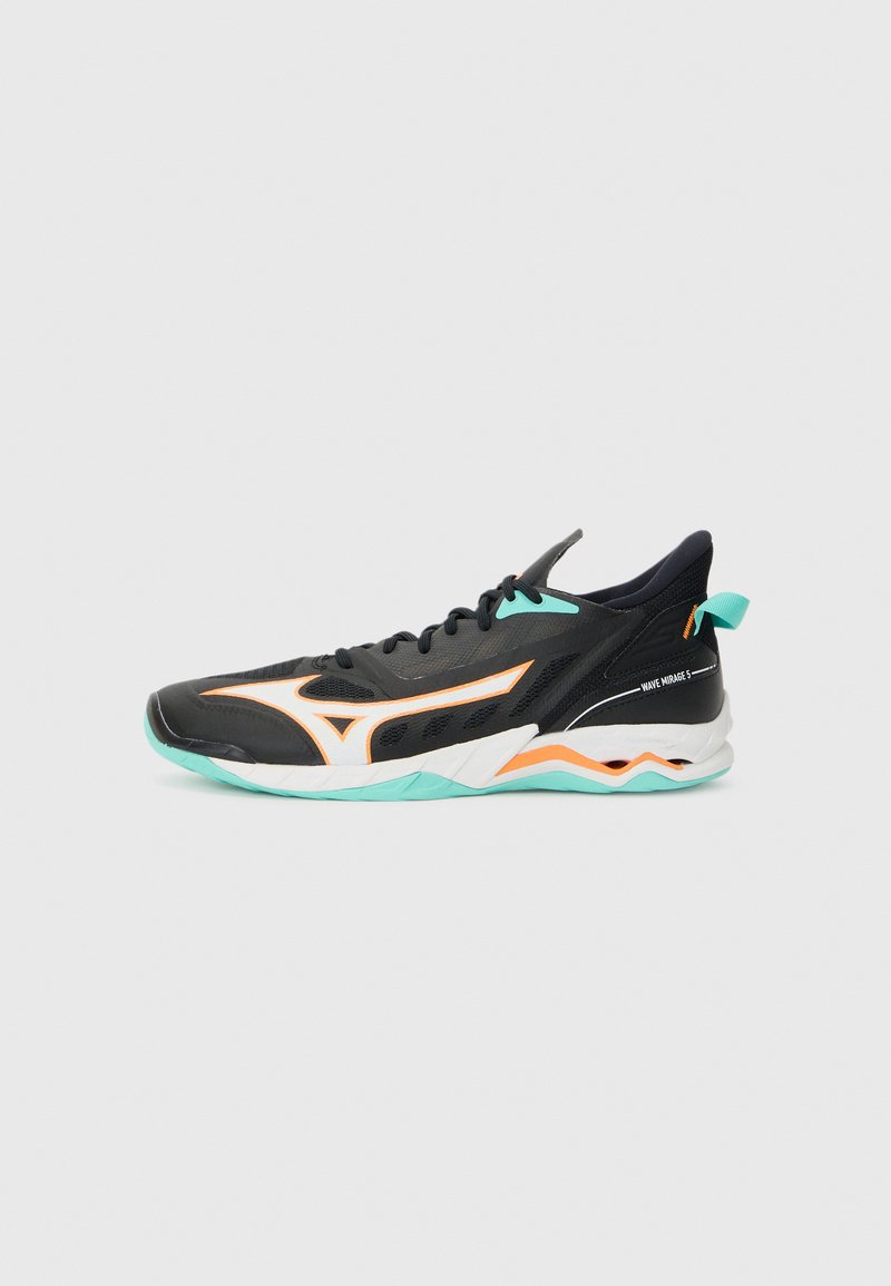 Black athletic shoes with orange and turquoise accents, mesh upper, cushioned sole, and a sleek design for improved performance and support.