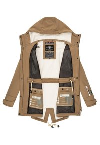 Tan waterproof jacket with a hood, featuring a white fleece lining, mesh pockets, and a drawstring at the hem. Labels sewn inside.