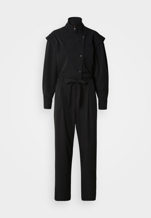 Black jumpsuit made of structured fabric, featuring a high collar, buttoned front, and a tied waist, with tapered legs and long sleeves.