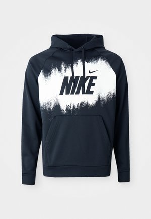 Sudadera azul marino con un degradado blanco y el logo negro de "NIKE". Cuenta con un bolsillo tipo canguro, capucha con cordón y puños acanalados.
