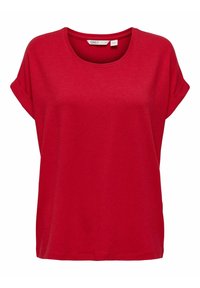 Rød kortærmet casual dameshirt med oprettede ærmer og rund halsudskæring, mærkeetiket "ONLY" inde i kraven.