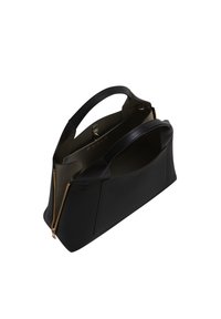 Black leather handbag with a structured shape, dual handles, and gold hardware accents. Interior shows a contrasting dark green lining.