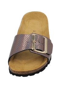 Braune und lila Rutschsandale mit strukturiertem Obermaterial, goldenem Schnallenverschluss und Korkfußbett; flache Sohle mit schwarzem Gummisohle.