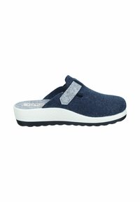 Dark blue felt slip-on clog with a light gray accent strap, white textured sole, and a cushioned footbed for comfort.
