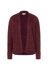 Offener, langärmeliger Cardigan in dunklem Burgunderrot aus weichem, strukturierter Strickware mit lockerer Passform.
