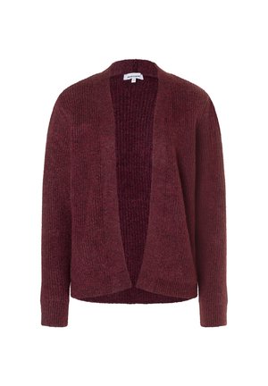 Open-front, long-sleeve cardigan in dark burgundy with a soft, textured knit fabric and a relaxed fit.