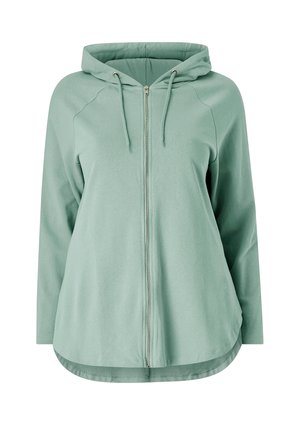 Lichtgroene hoodie met ritssluiting, ruime capuchon, lange mouwen en een afgeronde zoom. Gemaakt van zacht, comfortabel stof met een subtiele textuur.