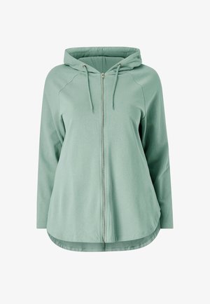 Lichtgroene hoodie met ritssluiting, ruime capuchon, lange mouwen en een afgeronde zoom. Gemaakt van zacht, comfortabel stof met een subtiele textuur.