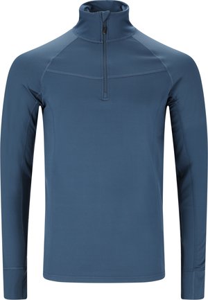 Blue long-sleeve zip-neck top made of smooth, stretchy fabric, featuring a high collar and flat seams for comfort and flexibility.