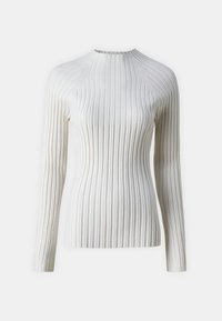 Weißes, geripptes Langarmshirt mit hohem Kragen. Mit vertikalen Streifen, taillierter Passform und feiner Textur überall.