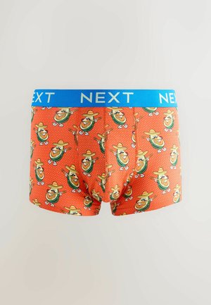 Men's boxers in vibrant orange with cartoon avocado designs wearing sombreros. Features a blue elastic waistband marked "NEXT."
