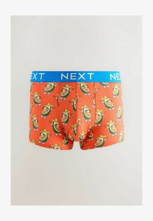 Männerboxershorts in leuchtendem Orange mit Cartoon-Avocado-Designs, die Sombreros tragen. Mit einem blauen elastischen Bund, der mit "NEXT" versehen ist.