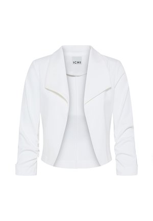 Hvid cropped blazer med brede revers og trekvartlange ærmer, vist på en helt hvid baggrund.